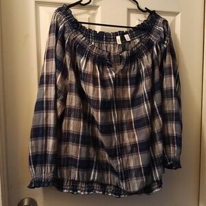 St. John's Bay Blue Plaid Off-Shoulder Blouse